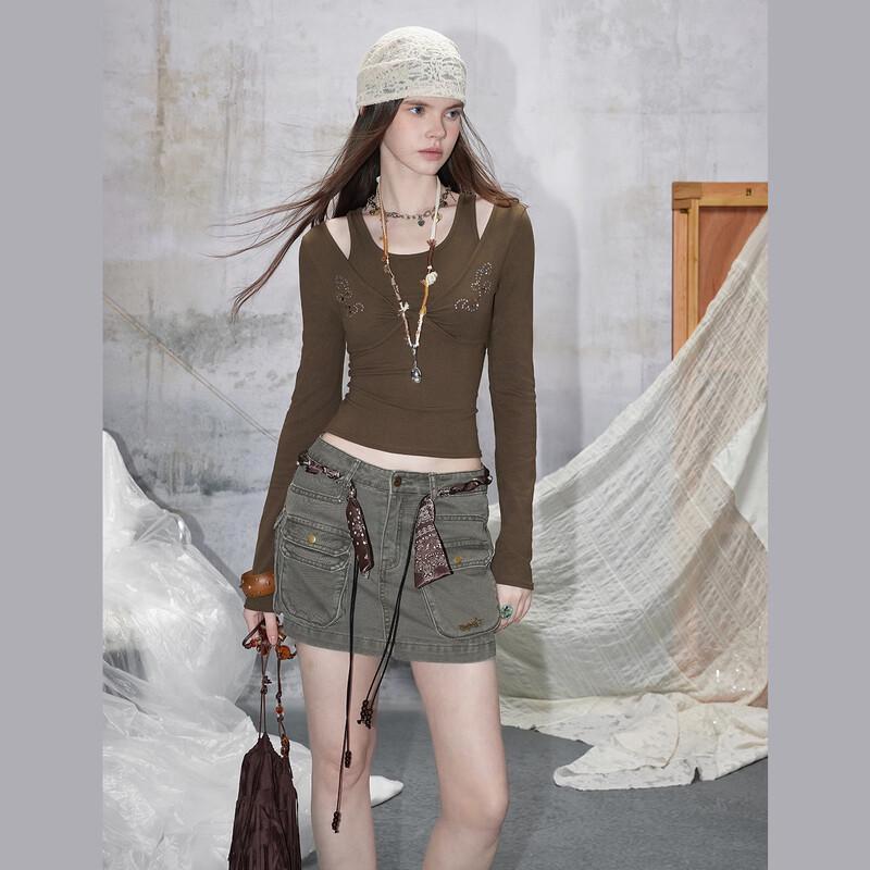 unifree 2026 Spring Korean Style Cross Design Faux Two-Piece Slim T-Shirt