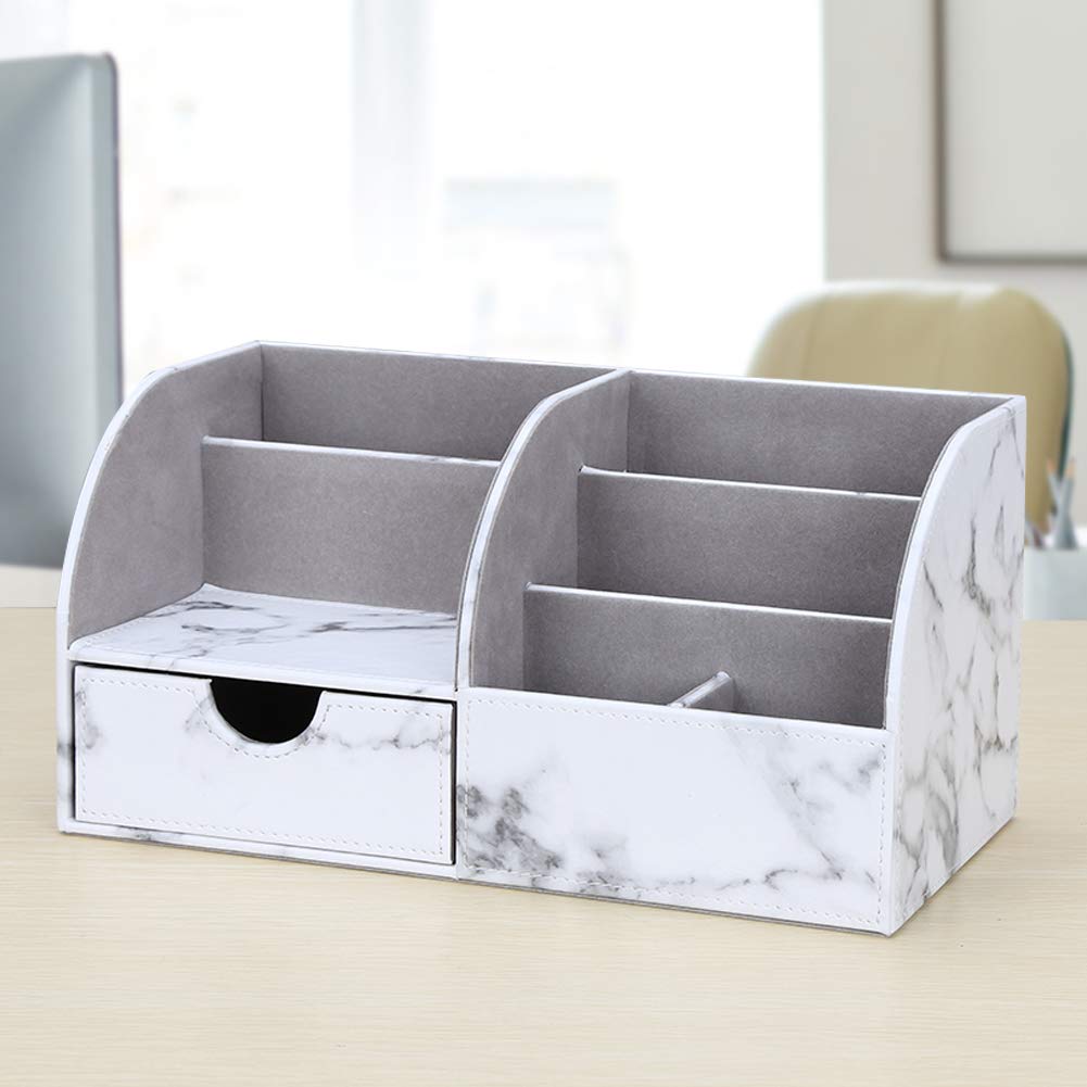 KINGFOM PU Leather Desk Storage Desktop Organizer with Drawers for Pen and Stationery Remote Small and Miscellaneous Items Marble Box/Case, Pencils,