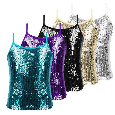 Kids Girls Sparkly Sequined Cami Tank Top Stage Performance Costumes Vest Tops Streetwear