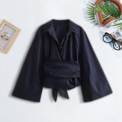 Damen-Shirt mit Revers, langen Ärmeln, Schnürung und Knopfleiste, lässiges Pendler-Stil, Hemd, Oberteil, einfarbig, Arbeitsoberteile
