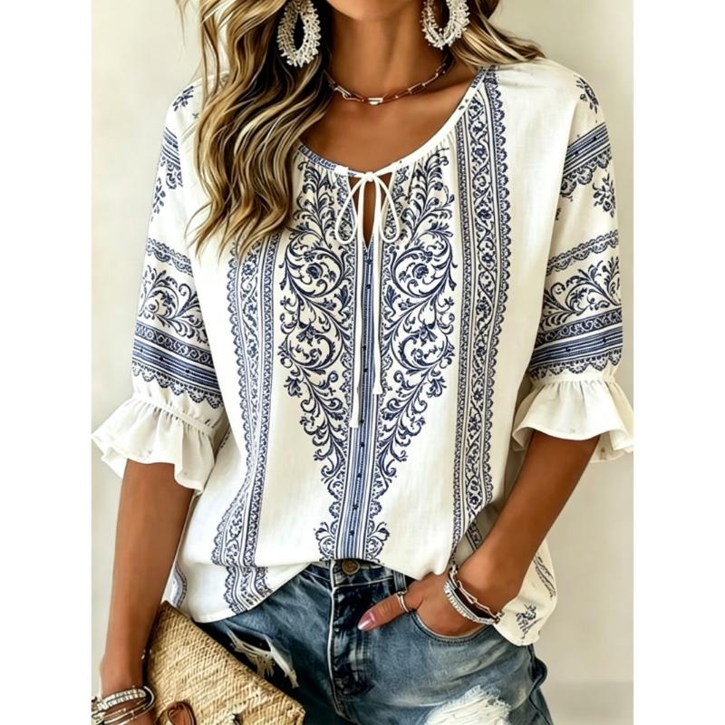 Women's Beige Ethnic Floral Print Tie Front Blouse, Casual Loose Top for Spring Summer Daily Wear