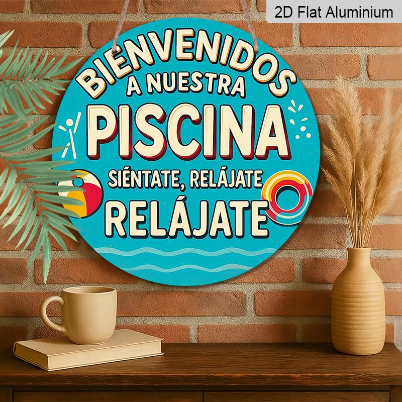 2D Plat, 1 stuk Vintage Spaans Welkom bij het Zwembad Bord - 7,87x7,87 Inch Rond Aluminium Wanddecoratie Geschikt voor Zwembadgebieden, Strandhuizen, Resorts