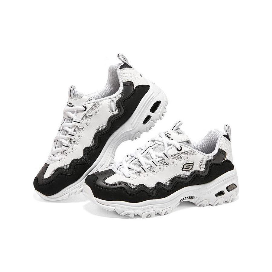 Skechers D'Lites 1.0 Lace Up Abrasion Resistant Abrasion Resistant Low Top Chunky Sneakers Women's Black White 149792-WBK