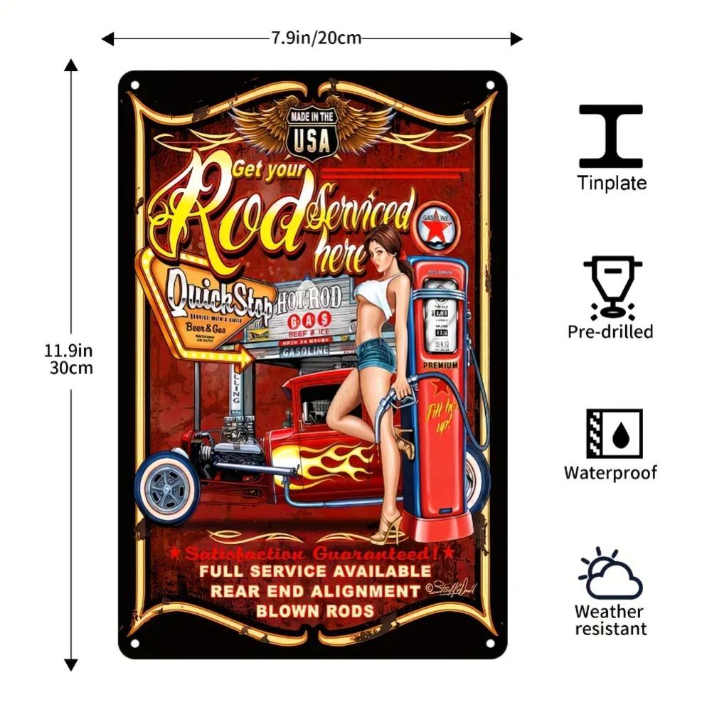 Vintage American Garage Sign Set with Classic Car Wall Decor In Red Black Burgundy Yellow for Home Bar Route 66 Fans