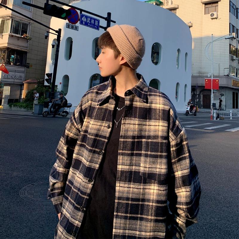 Amerikansk Retro Rutig Skjorta Herr Höst Koreansk Stil Outfit Trendigt Märke Tonårspar Långärmad Skjortjacka
