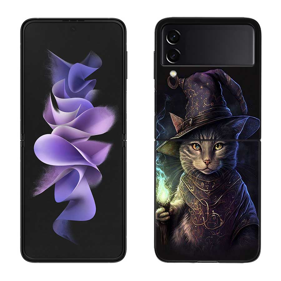 Halloween Magic Cat Phone Case For Samsung Z Flip 7 6 5G Galaxy Z Flip 5 4 3 Black Hard Cell Cover Luxury PC Shell Coque
