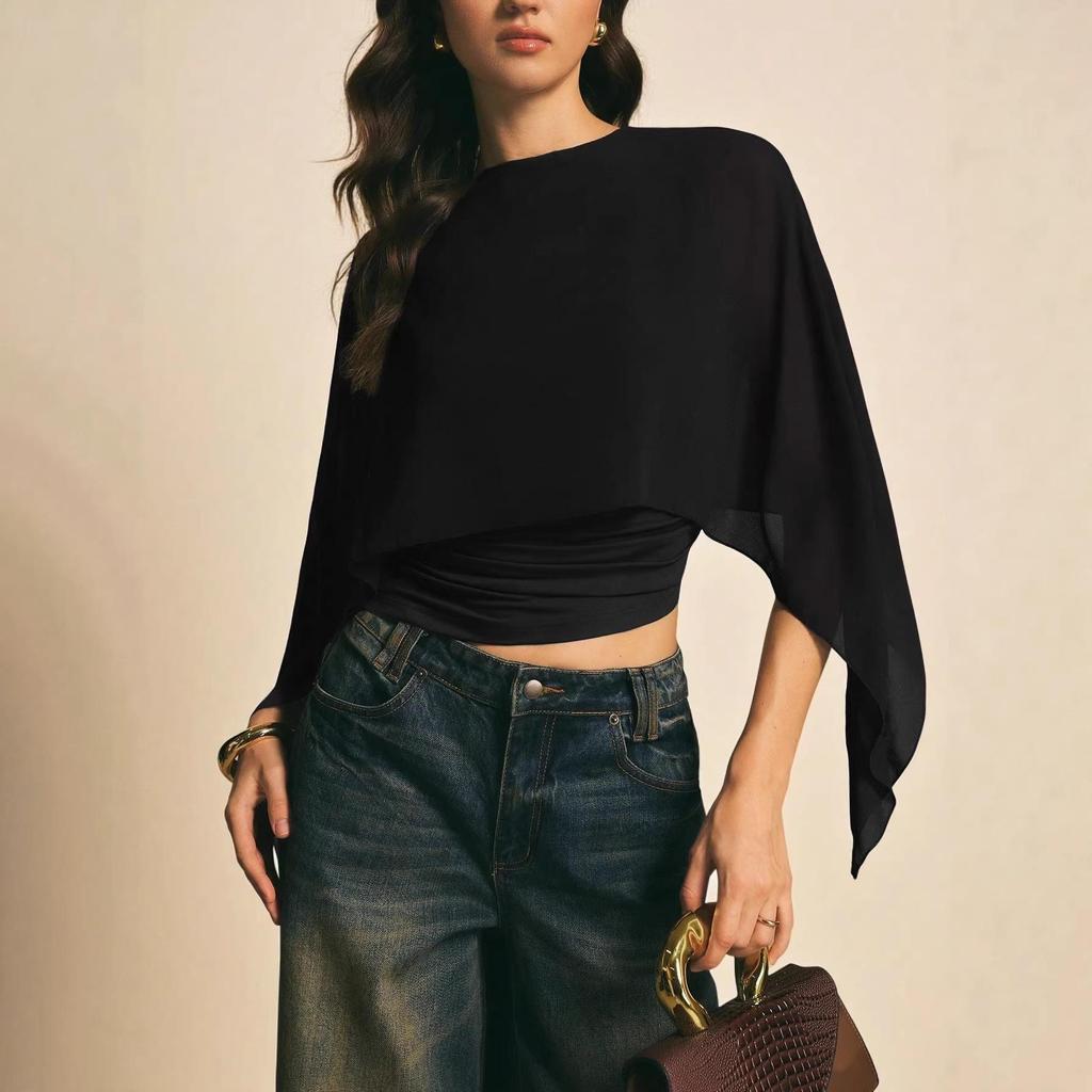 2026 Summer Women's Elegant Irregular Chiffon T-Shirt with Cape Sleeves and Round Neck