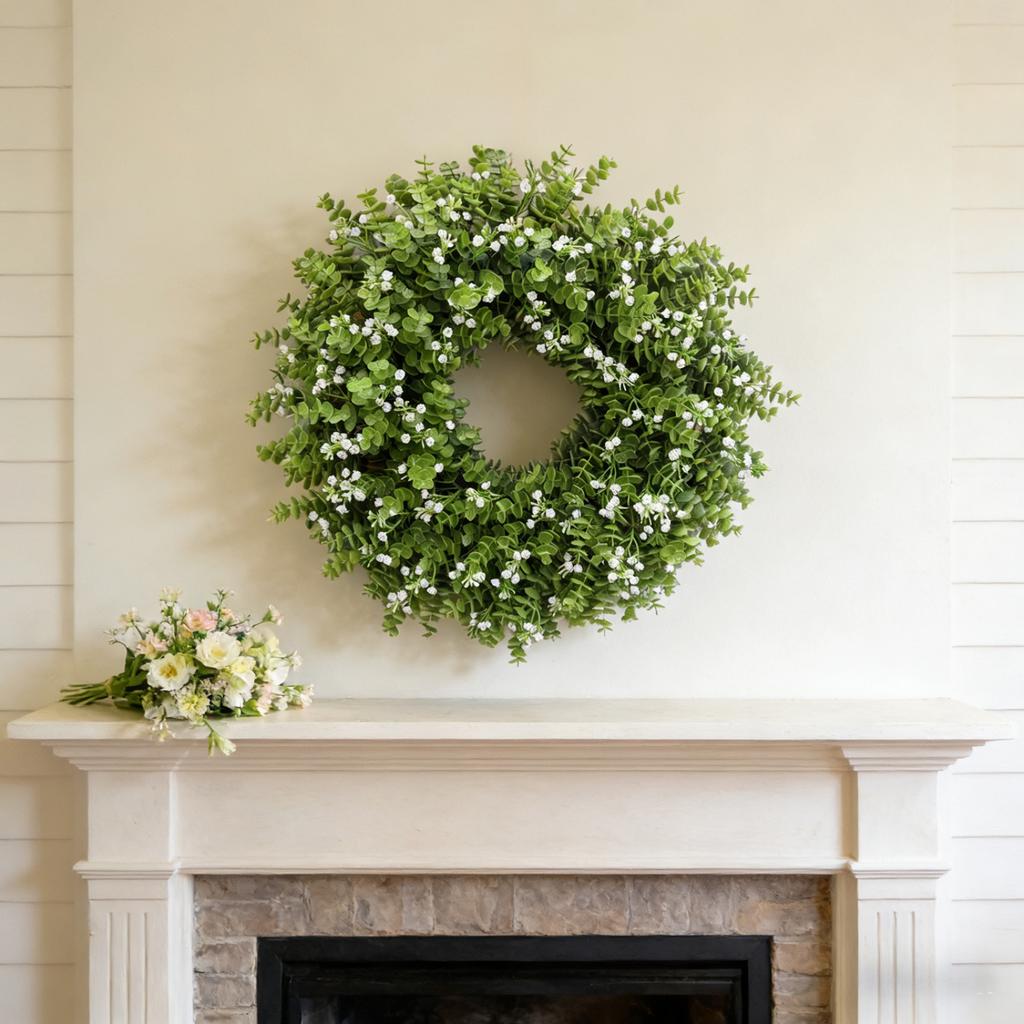 60cm Eucalyptus and Baby's Breath Artificial Greenery Wreath for Door Wall Decoration Home and Office Hanging Ornament