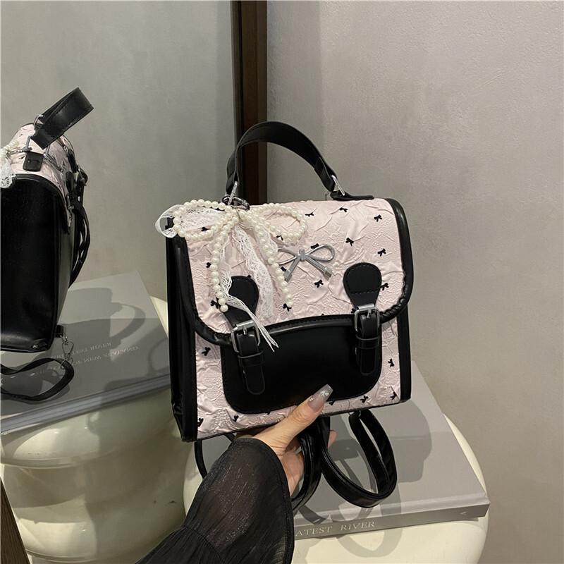 Pink Black Bow Print Backpack For Women Pearl Chain Lace Decor PU Leather Handbag Cute Shoulder Bag For School Commute Date
