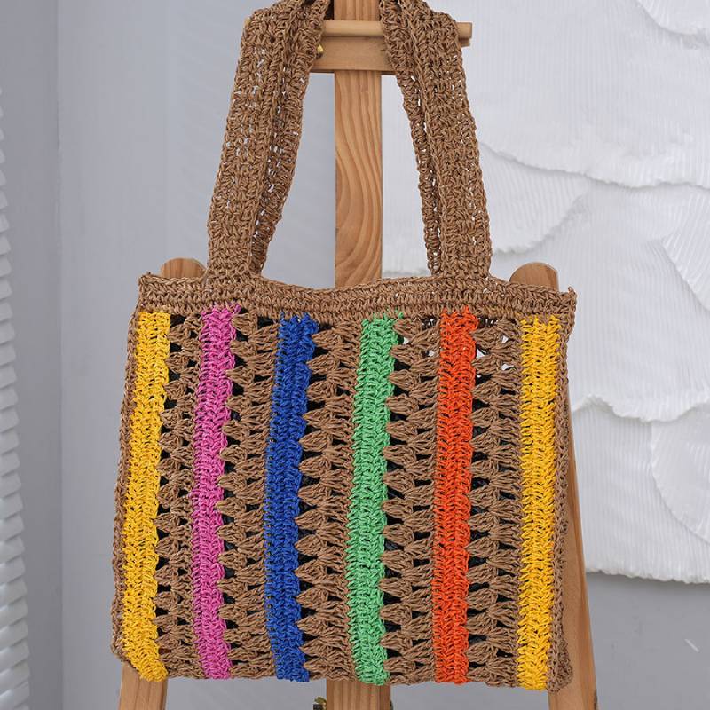 Cotton Rope Tote Bag With Openwork Stripes For Casual Daily Use