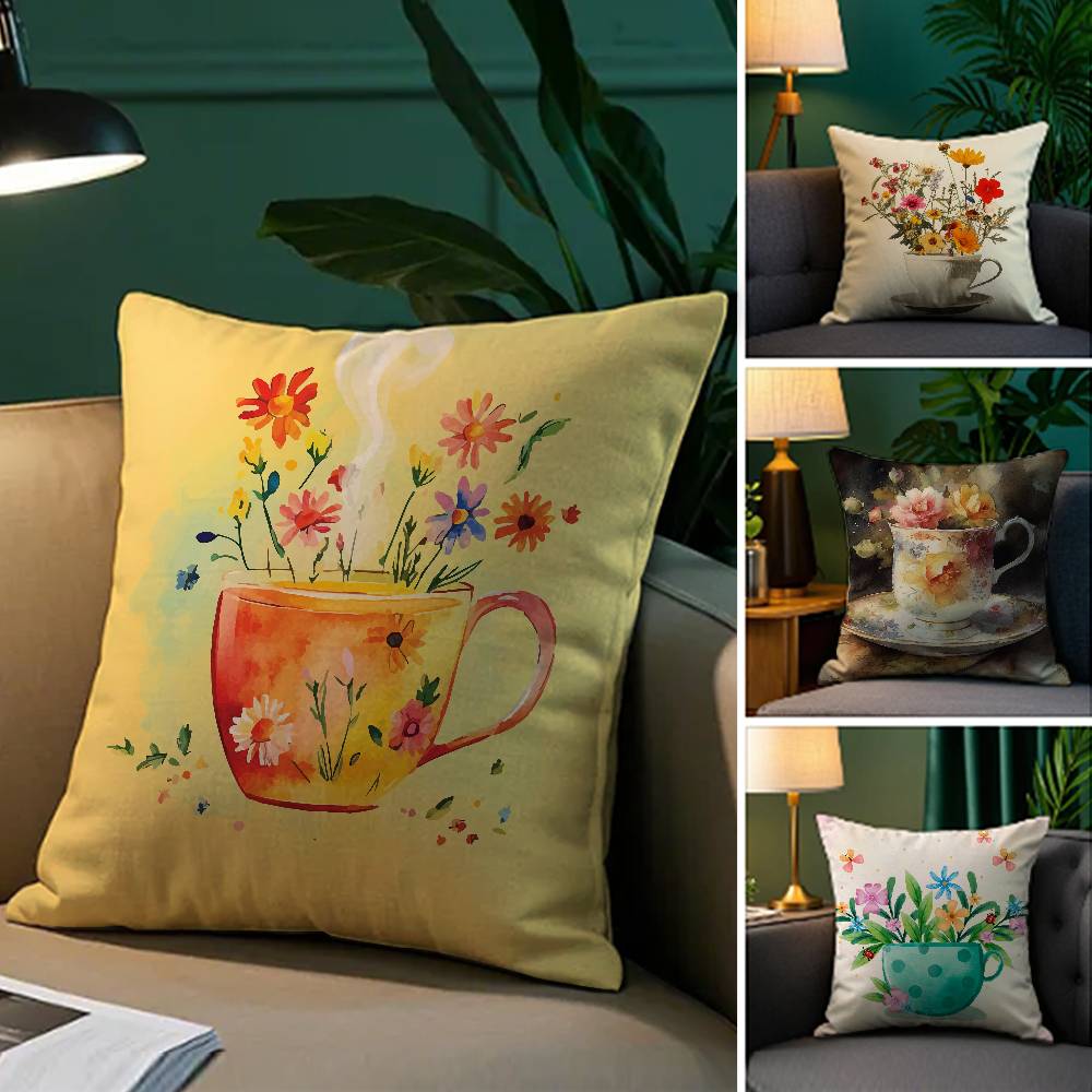 Painting Cup of Flowers Pillow Case Comfort Sofa Bed Silky elegant Invisible zipper Decorative cushion cover