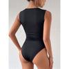 Women Black Sleeveless Oblique Shoulder Metal Buckle Slim Waist Fitted Bodysuit