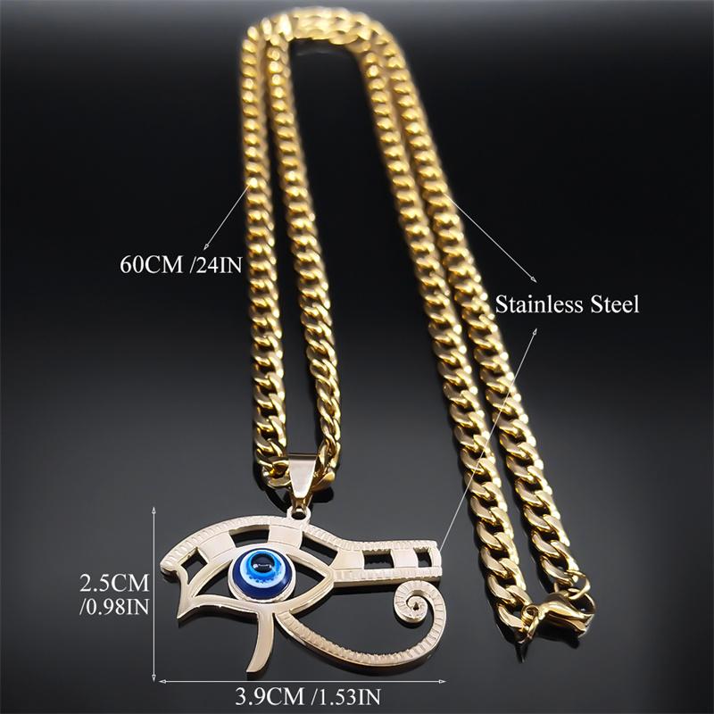 Turkish Evil Blue Eye of Horus Necklace Women Men Stainless Steel Hip Hop Egyptian Pharaoh Necklaces Fashion Jewelry 9716