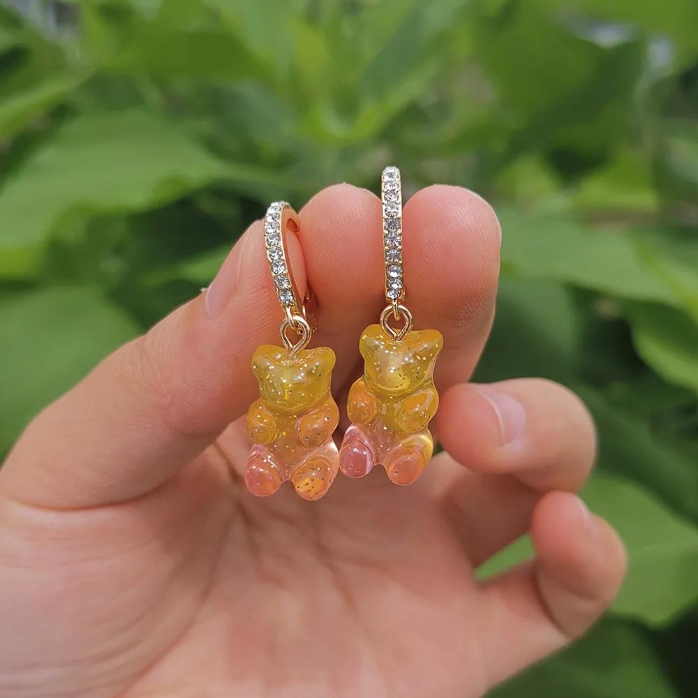 Cute Acrylic Candy Gummy Bear Dangle Earrings for Women Rainbow Bear CZ Hoop Earrings 2022 Korean Fashion Sweet Girl Zircon
