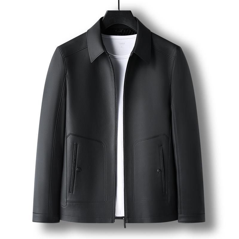 Pánská kožená bunda z ovčí kůže s límečkem pro střední věk - Neformální motorkářské svrchní oblečení ve stylu "táta" s podšívkou z plyše