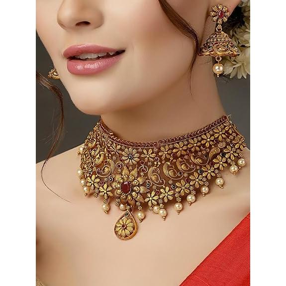 Fashion Latest Stylish Design Fancy Pearl Choker Traditional Temple Necklace Jewellery Set for Women