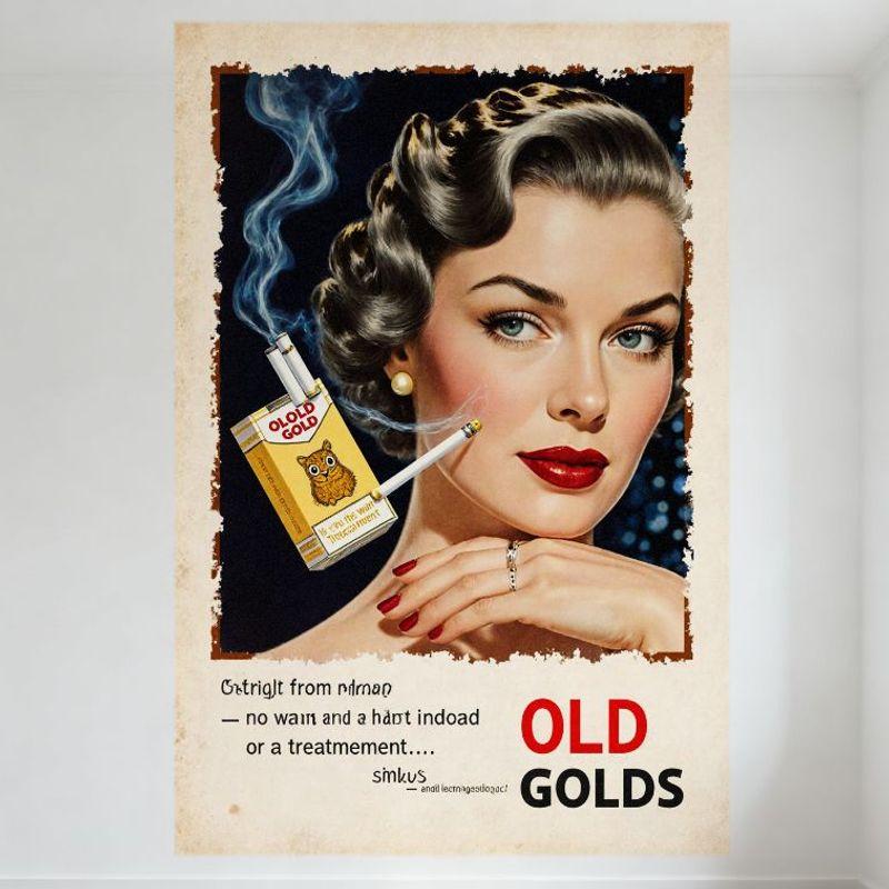 Винтажная металлическая жестяная вывеска с рекламой сигарет «Старое золото» 1950-х годов с изображением женщины и совы - Ретро состаренный настенный декор для бара, мужской пещеры 20x30cm（7.8x11.8inch）