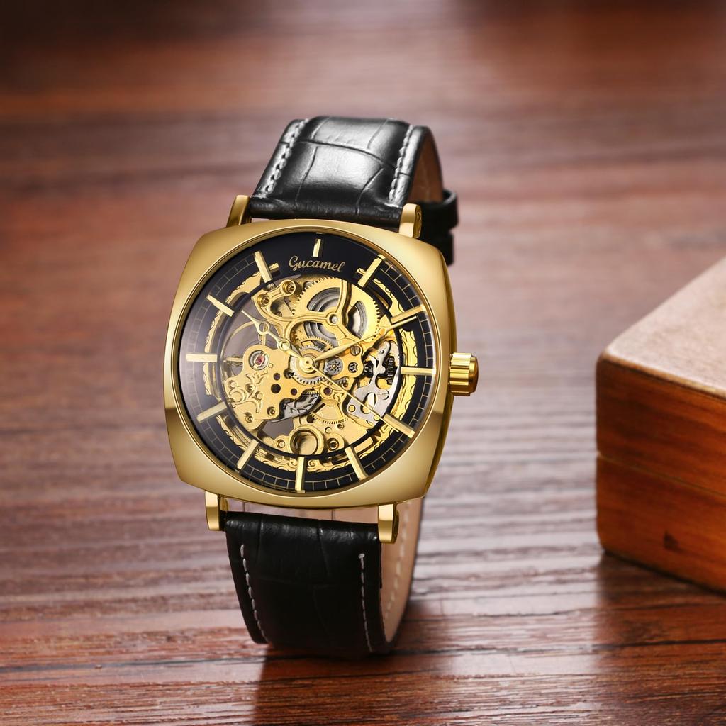 Men's Automatic Watch Genuine Leather Strap Analog Display 3ATM Waterproof Gold Silver Casual Business Fashion Accessory