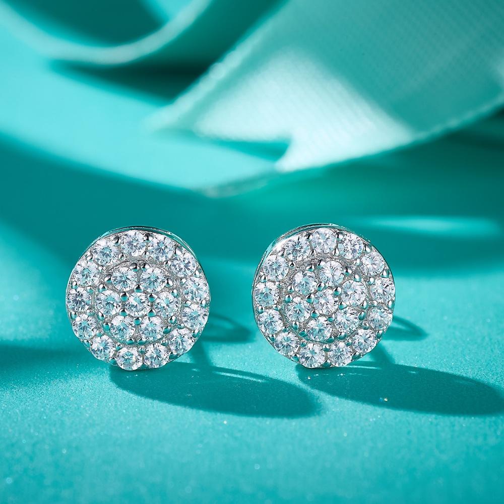 Moissanit Echter 925er Silber Iced Cluster Rund Hip Hop Out Big Herren Ohrstecker