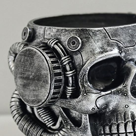Resin Skull Planter Steampunk Machinism Human Skull Plant Pot Gothic Flower Vase with Drainage Hole for Home Office Decor