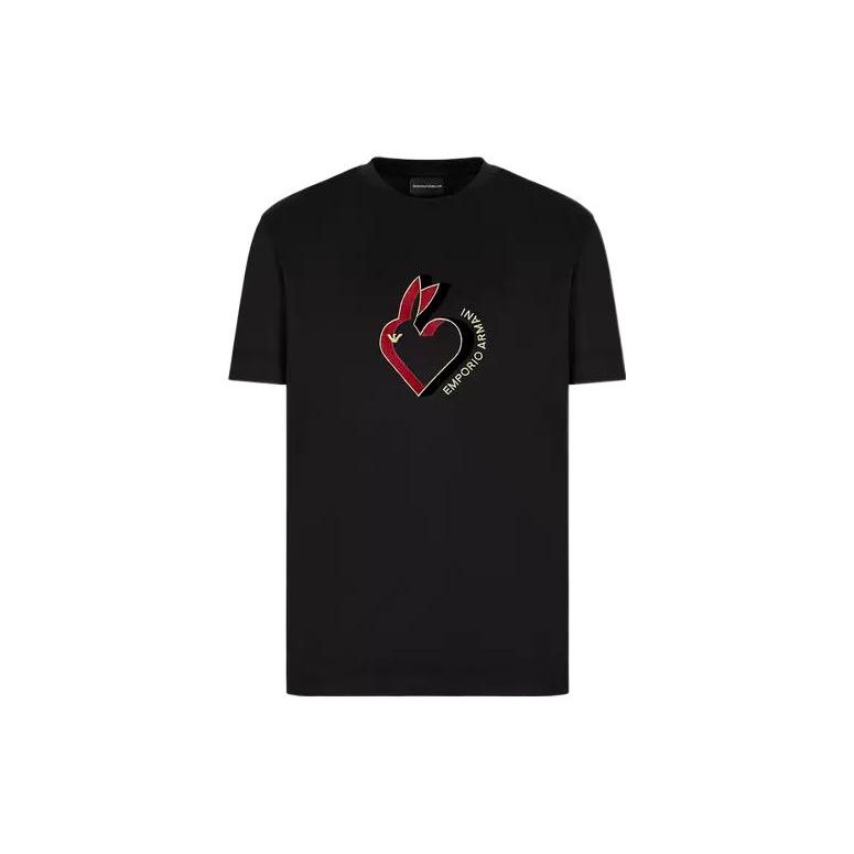 Emporio Armani SS23 Jaar van het Konijn Limited Edition Effen Kleur Konijn Borduurwerk Korte Mouw T-shirt Heren Tops Zwart 3R1TBL-1JUVZ-0999 XXL