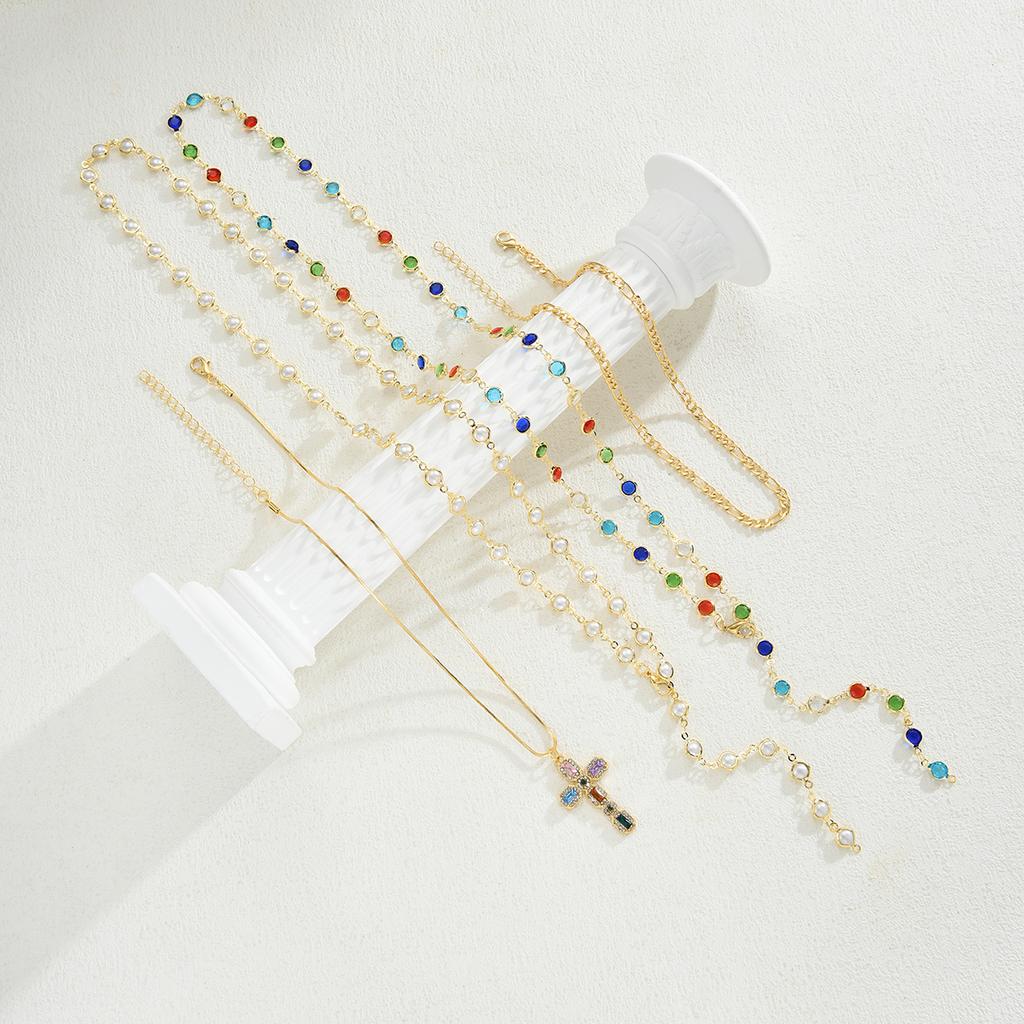 17KM 4 Piece Fashion Colored Cross Necklace Set Jewelry Women Trendy Shiny Daily Party Gift For Her