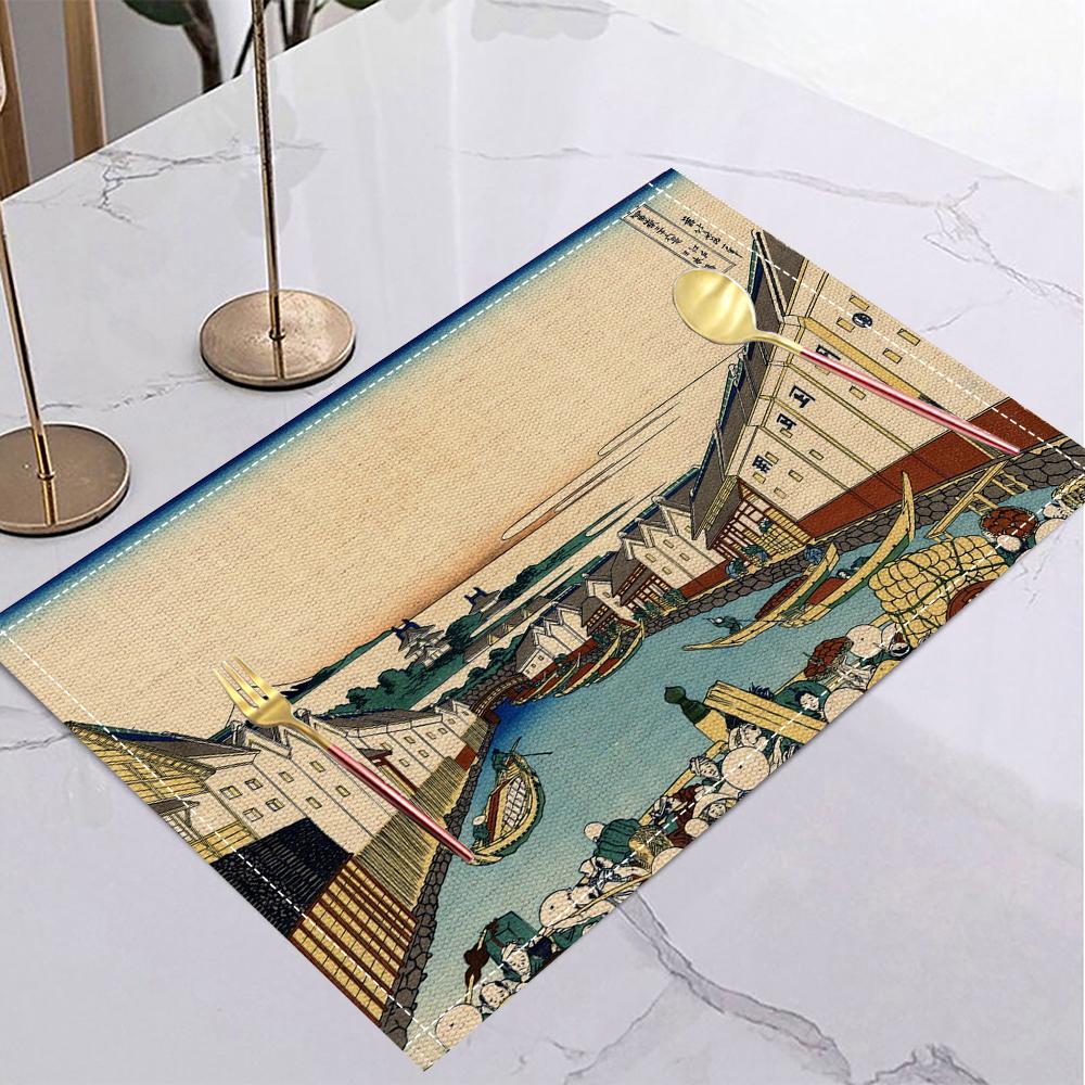 Japansk Ukiyo-e Stil Linne Dukunderlägg Halkfria Bordsunderlägg Rektangulära Halkfria Matsalsbord för Kök Heminredning Viktiga Tillbehör
