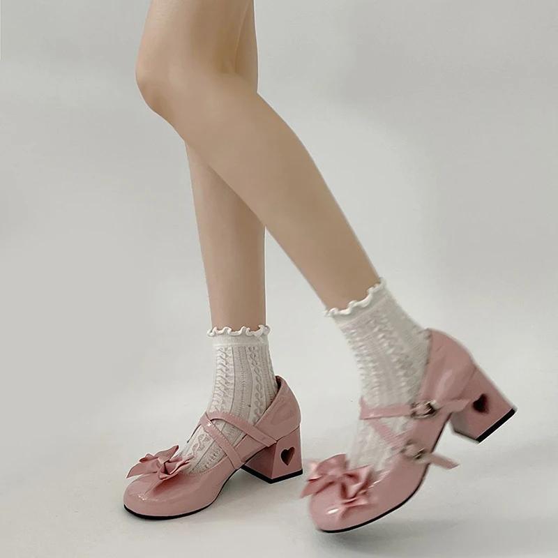 Autumn Thick Heel Women Mary Jane Shoes Elegant Butterfly-knot Party Dress Ladies Leather Pumps