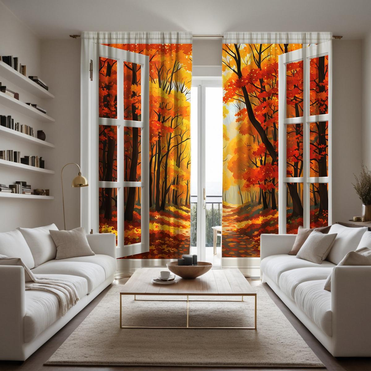 

2 шт. декоративных занавесок HD для окон с изображением осеннего кленового листа, желтых галстуков, цифровая печать, стиль домашнего декора, декорирование лив W52H63inchW132H160cm