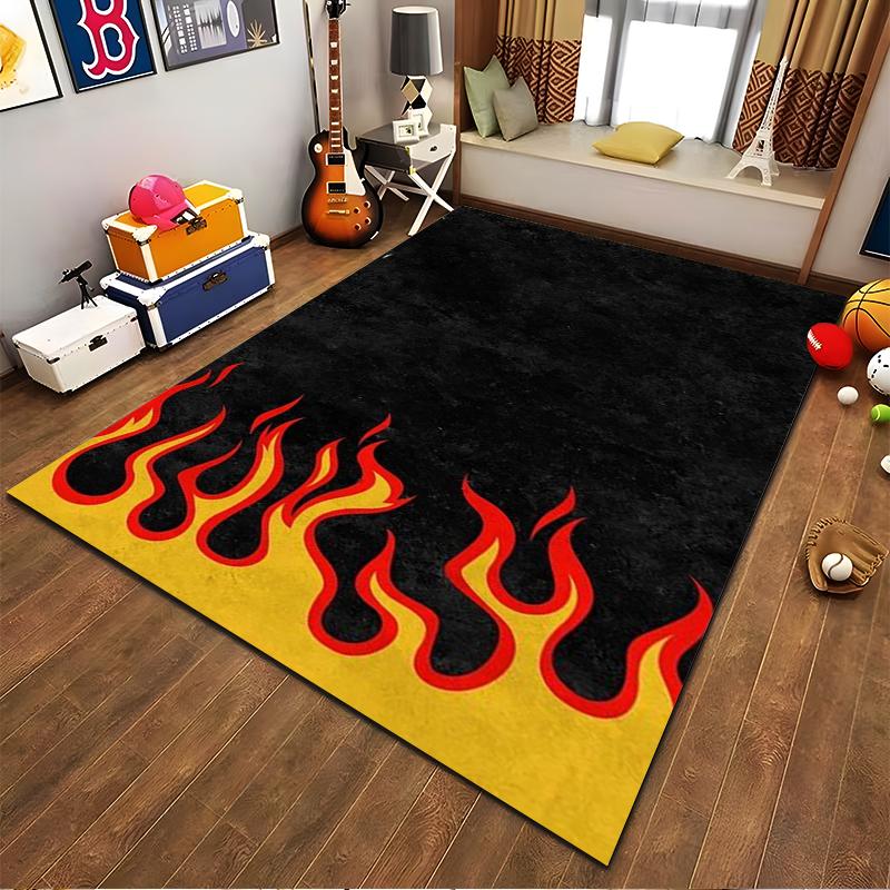 Schwarzer Teppich mit rotem Flammen- und gelbem Randdesign für die Heimdekoration Geeignet für den Einsatz als Anti-Rutsch-Matte für Wohnzimmer, Schlafzimmer, Sofas
