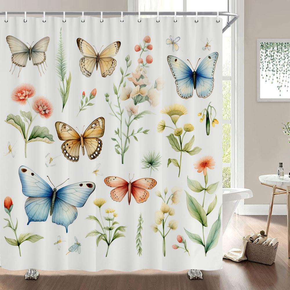 1 pack of print shower curtains Watercolor flowers, plants and butterflies bathroom curtain with hooks home decoration curtain