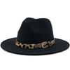 Fashion leopard print belt woolen top hat ladies jazz hat autumn and winter versatile felt hat flat edge top hat church hat