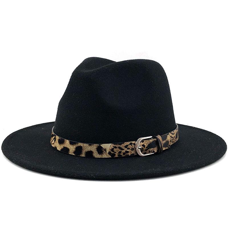 Fashion leopard print belt woolen top hat ladies jazz hat autumn and winter versatile felt hat flat edge top hat church hat