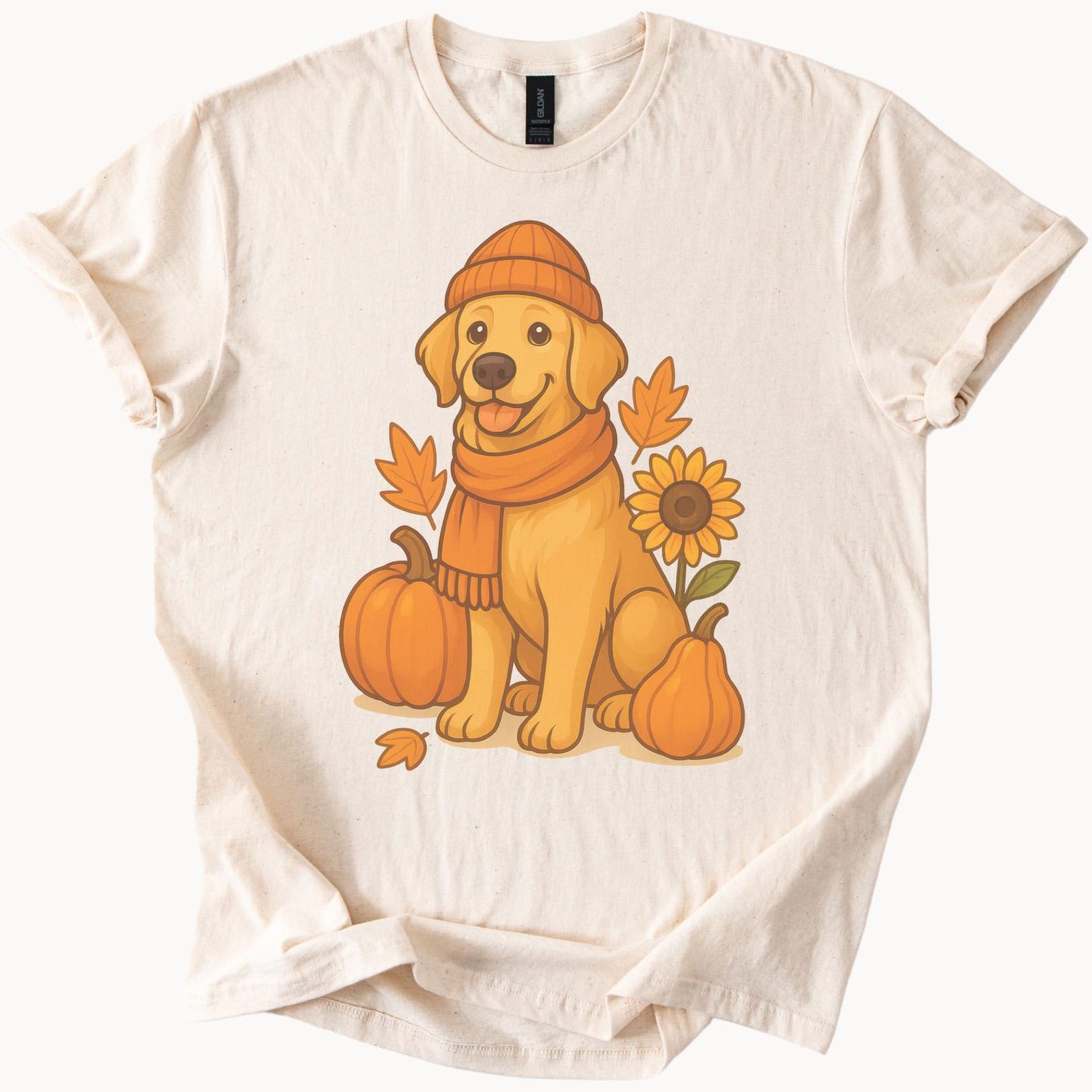 Fall Dog Shirt Cute Golden Retriever with Pumpkins Sunflower Autumn Leaves Cozy Scarf Beanie Graphic Tee Fall Outfit Gift 100