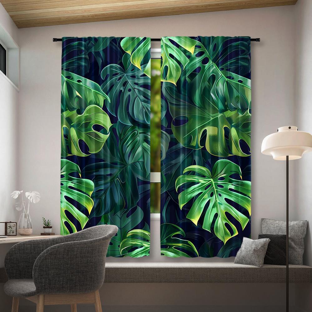 2pcs Tropical Palm Leaf Pattern Semi-Sheer Curtains - 100% Polyester Pongee   Woven Rod Pocket Top   Contemporary Style   Room Dark