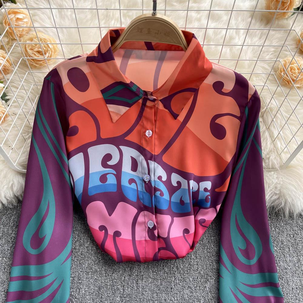 European Station Spring New Fashion Brand Letterhead Print Retro Baroque Style Leisure Vacation Shirt Women's Slim Fit