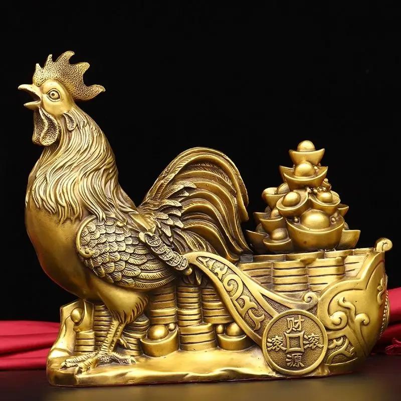 Pure Copper Rooster Statue, Fengshui Crafts, Home Office Decor Zhaocai Zodiac Small Animal Chicken Ornament Sculpture Decoration