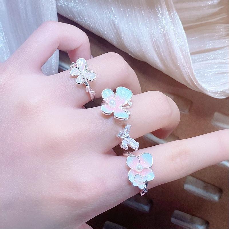 Sweet Flower Butterfly Cool Feeling Enamel Dripping Oil Opening Ring Girlish Feeling Light Luxury High Feeling Niche Index Finger Ring
