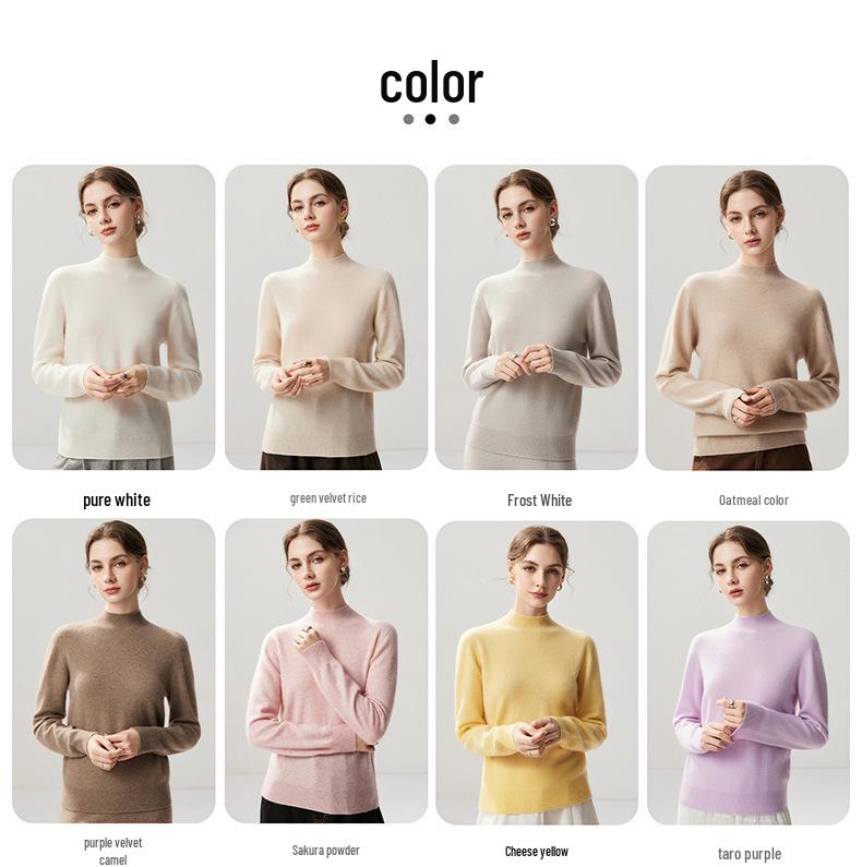 Lekasha Women's Cashmere Goat Wool Twelve-Needle Half-High Collar Sweater - Autumn/Winter Base Layer