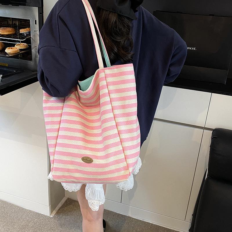 Lazy Wind Striped Canvas Bag, Available On Both Sides, Tote Bag, Women's Large-capacity Shoulder Shopping Bag