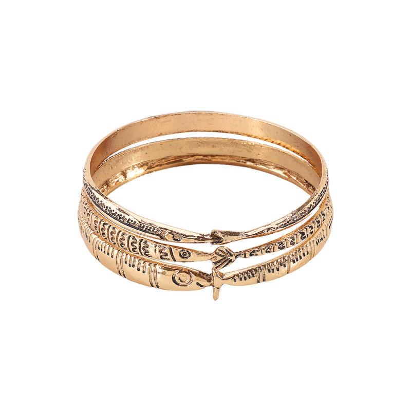 

[HF]#3 Pcs/Set Vintage Metal Stacked Bangle Women Ethnic Style Fish Pattern Symbol Bracelet Party Accessory Couple Jewelry