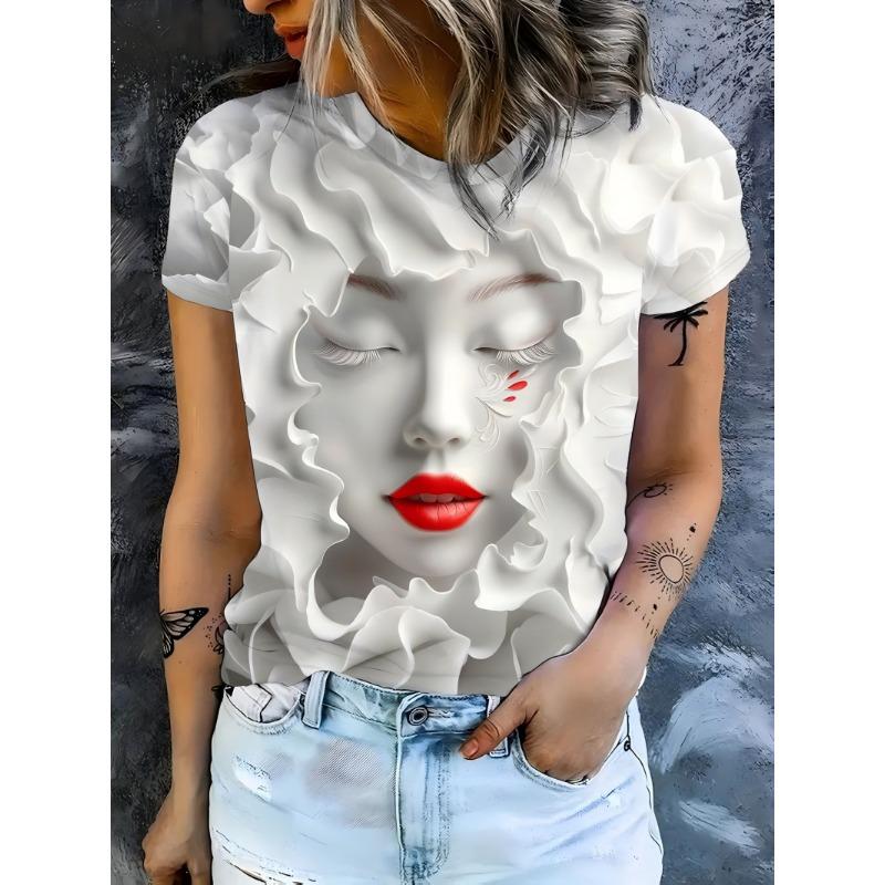 

Women s White Short Sleeve T-Shirt 3D Sculpture Wrinkle Art Face Print S