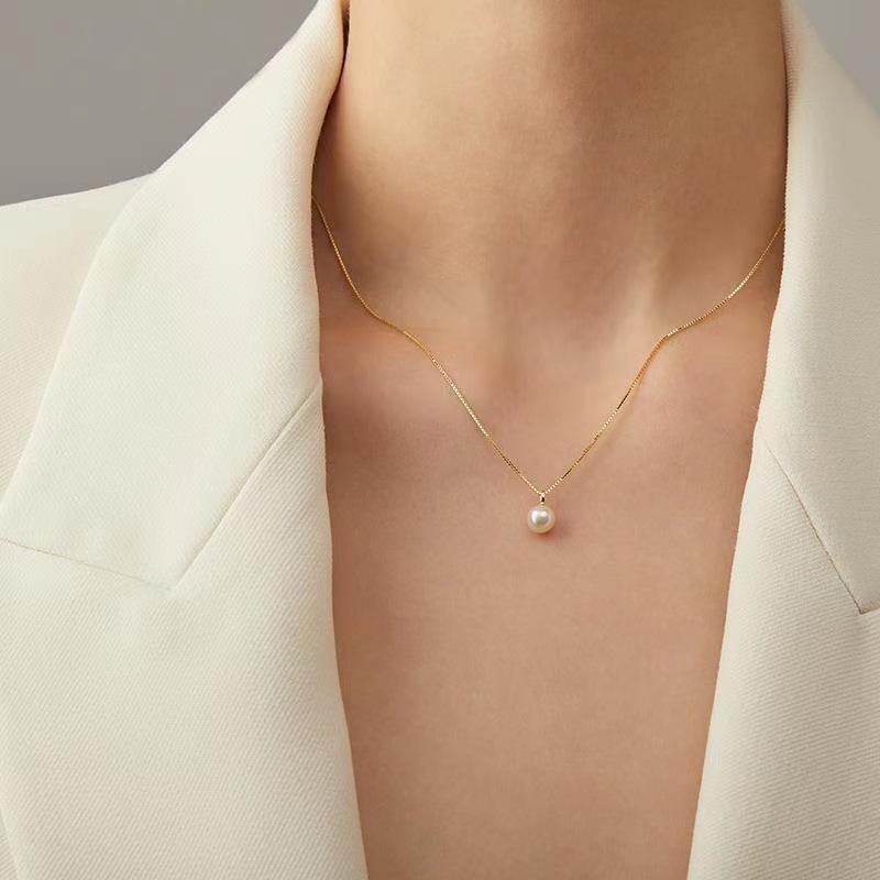 Gold Plated Box Chain Freshwater Pearl Pendant Necklace – Dainty Minimalist Jewelry, Elegance Gift for Women