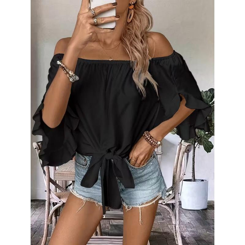 Womens Off Shoulder Flared Sleeve Bow Tie Loose Casual Top XL чёрный