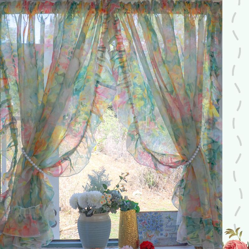 Romantic Floral Sheer Curtains for Girls Bedroom, Vintage Printed Light Filtering Privacy Semi-Sheer Sweet Ruffle Edge Curtains 2 Panels, Rod Pocket