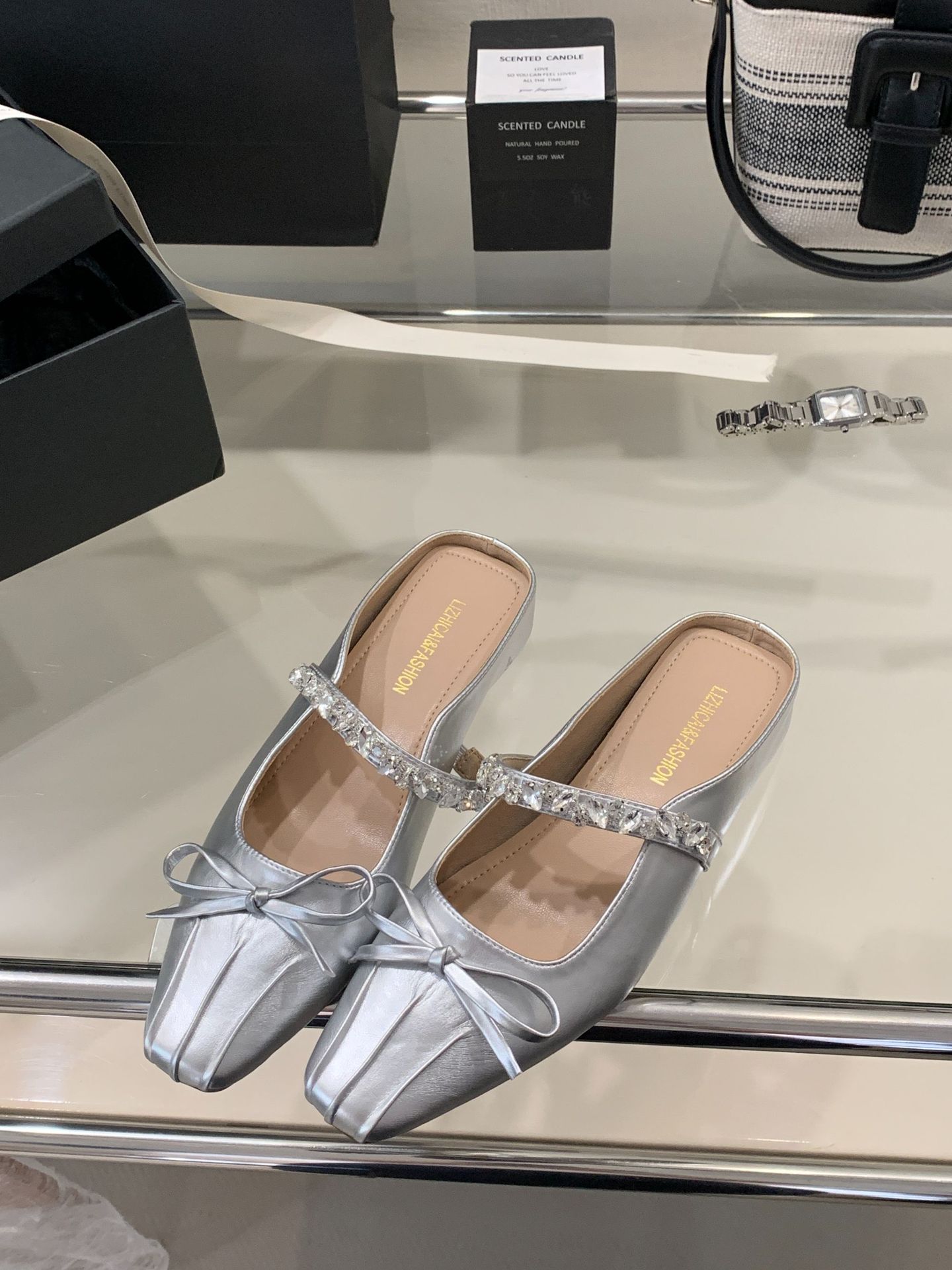 Slippers French Style Patent Leather Rhinestone Closed Toehalfwomen S Outdoor Wear Summer Fairy Style Bow Block Heel Slide Sandals 35 серебряный