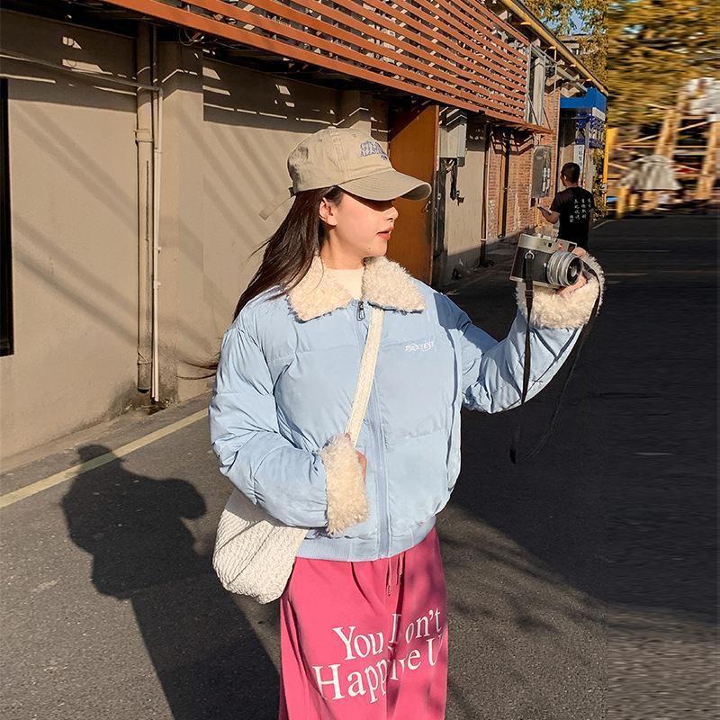 

Autumn and winter sports small jacket fashion cotton-padded clothes women s short loose lamb wool lapel jacket XXL синий