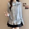 Blue Round Neck Bow Women's Shirt Long Sleeved Loose Casual Female's Shirts Single Breasted Woman's Spring/summer Blouses