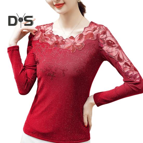 Dameoverdeler Rundhals Langermet Mesh Blonder Broderi Pullover Topper Ensfarget Slim Fit Bluse Daglig slitasje