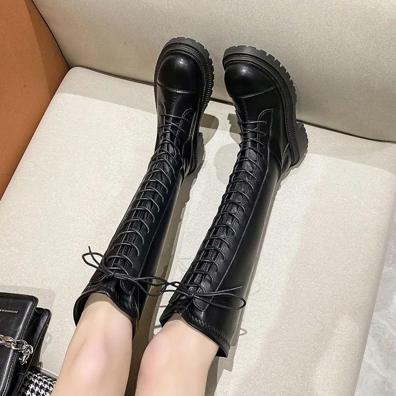 Martin boots thick-soled thin lace-up high boots long knight boots women's 2025 spring and autumn new velvet boots